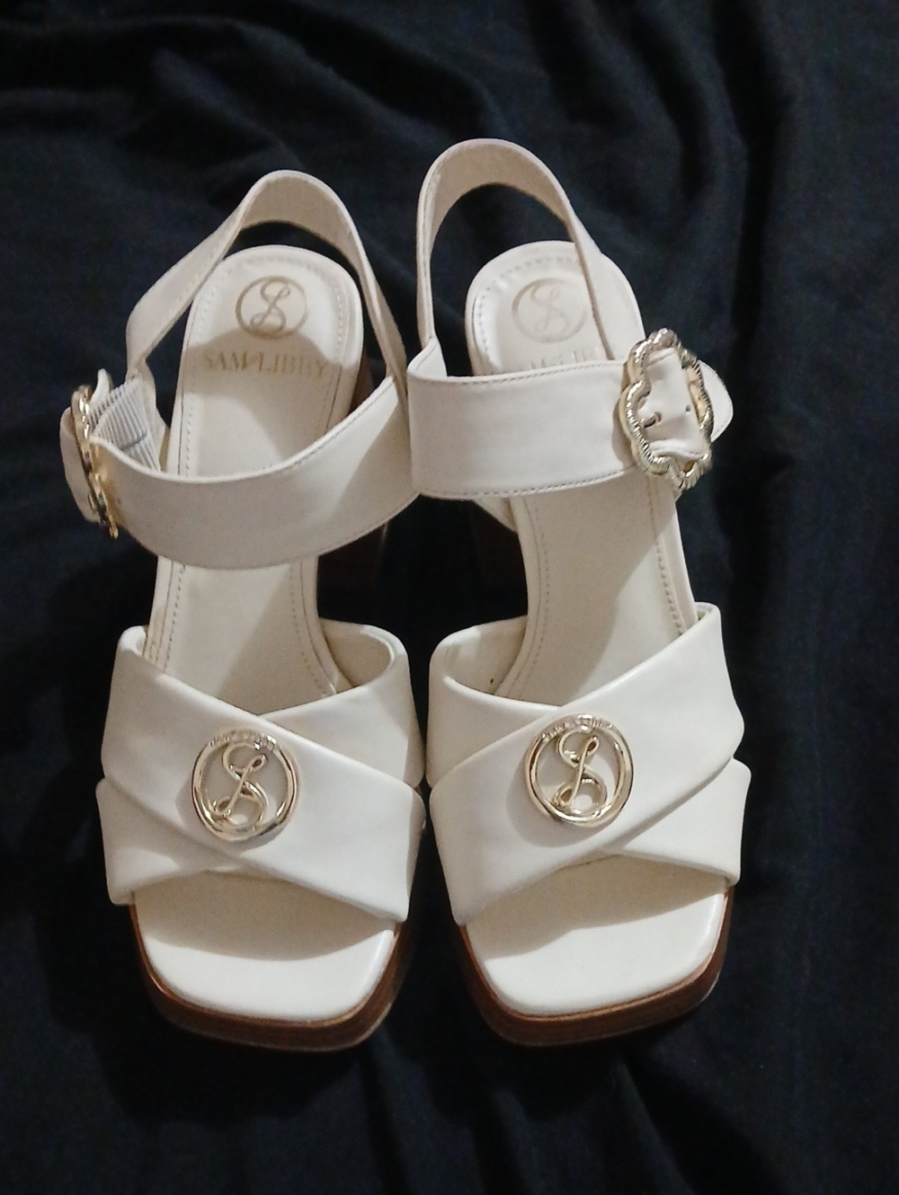 Sam & Libby White Block Heel Sandals with Gold Accents